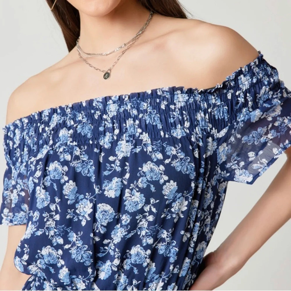 Jodey Floral Off the Shoulder Smocked Romper Large Boho Chic - Picture 14 of 15